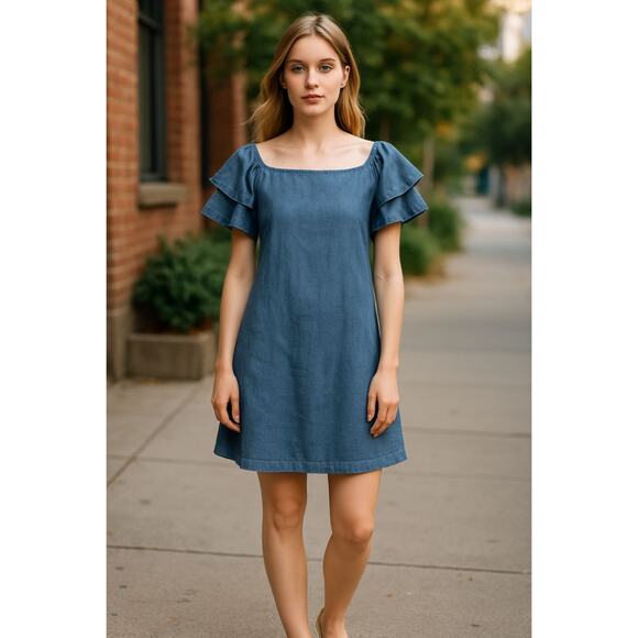 Alice + Olivia Denim Tulla Off the Shoulder Ruffle Sleeve Dress Chambray Linen - Picture 1 of 12